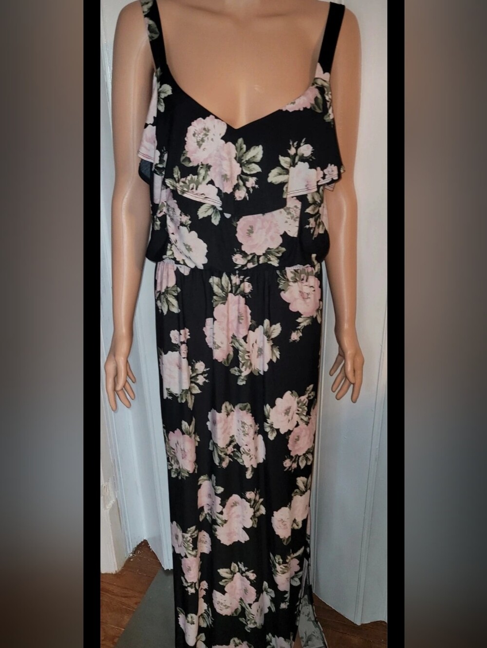 Three Hearts Black Maxi Dress with Pink Floral Print